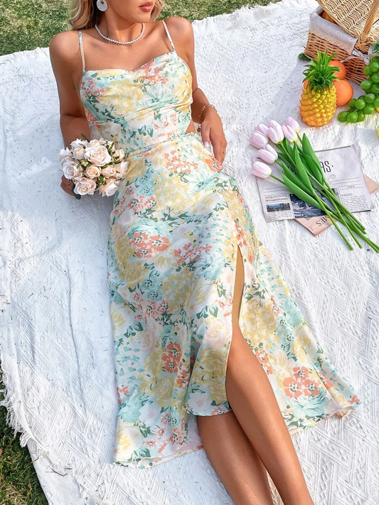 Floral Print Tie Backless Split Thigh Cami Dress
